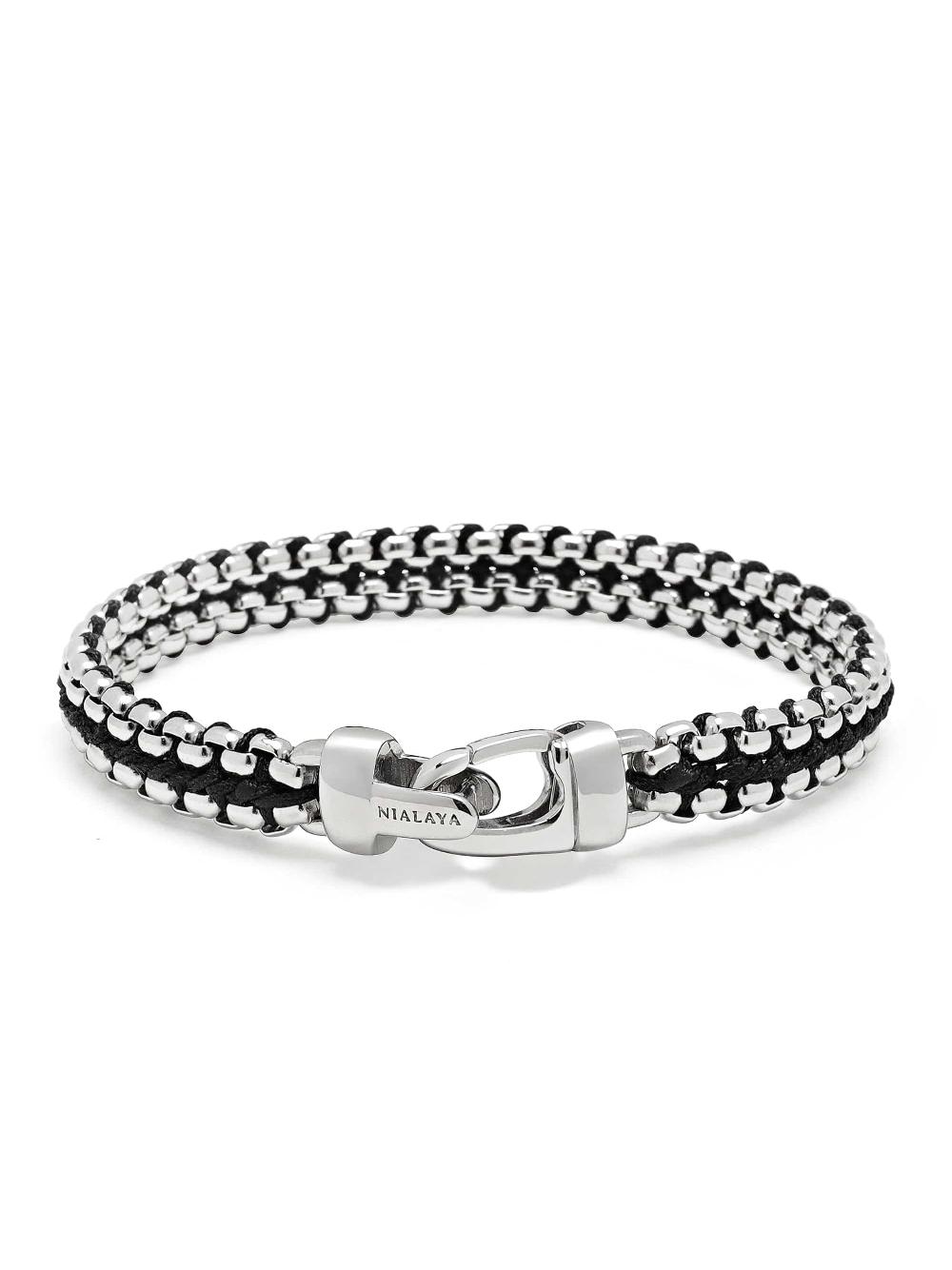 Nialaya Black Woven Box Chain Bracelet In Silver