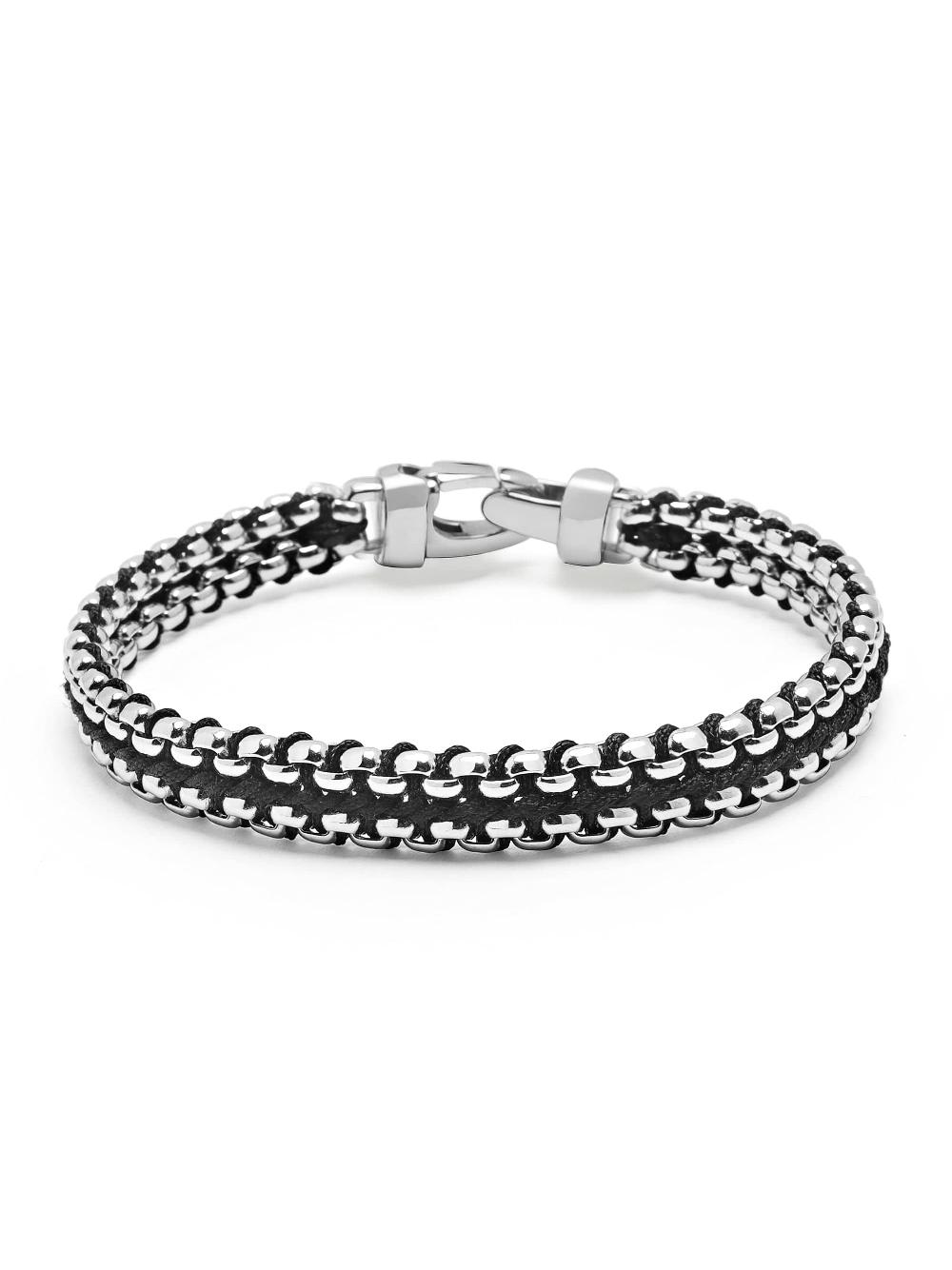 nialaya Black Woven Box Chain Bracelet in Silver