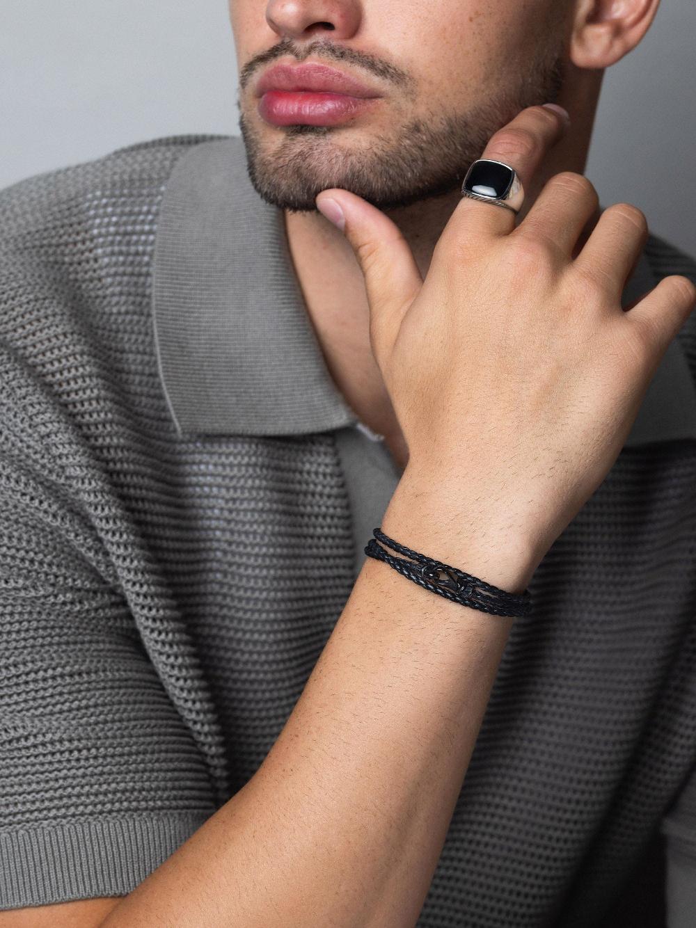 Nialaya Men's Black Wrap Around Leather Bracelet