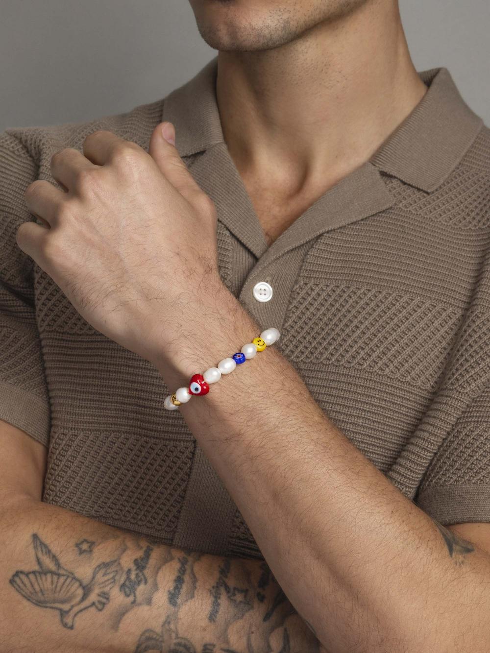 Nialaya Men's Smiley Face Pearl Bracelet