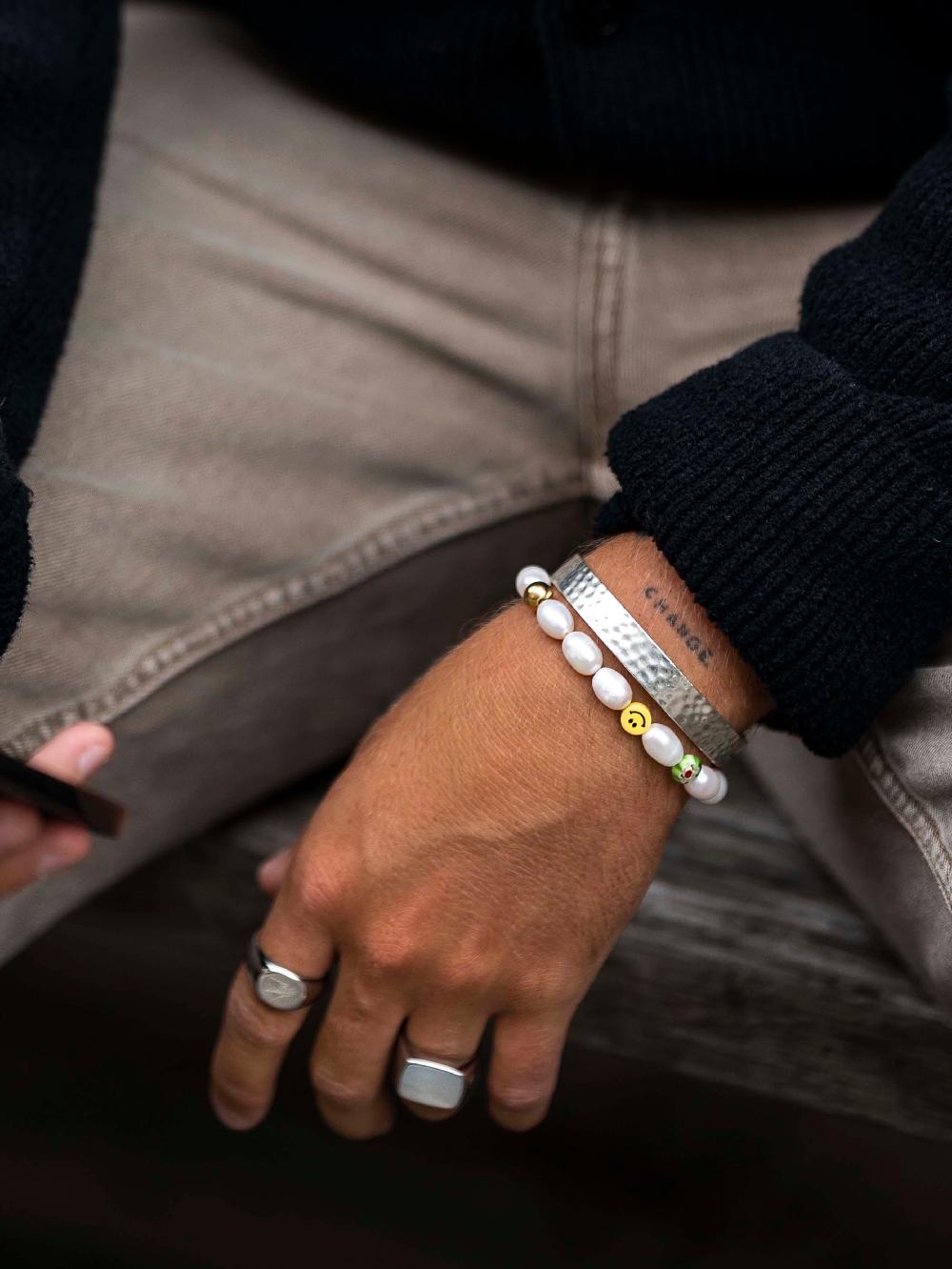 Nialaya Men's Smiley Face Pearl Bracelet