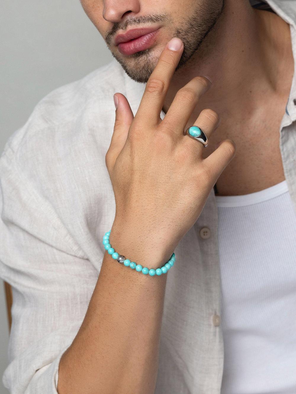 Nialaya Men's Wristband With Turquoise And Silver