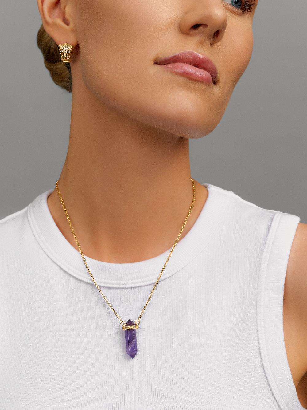 Nialaya Sterling Silver Amethyst Crystal Necklace With Engraved Evil Eye Detail