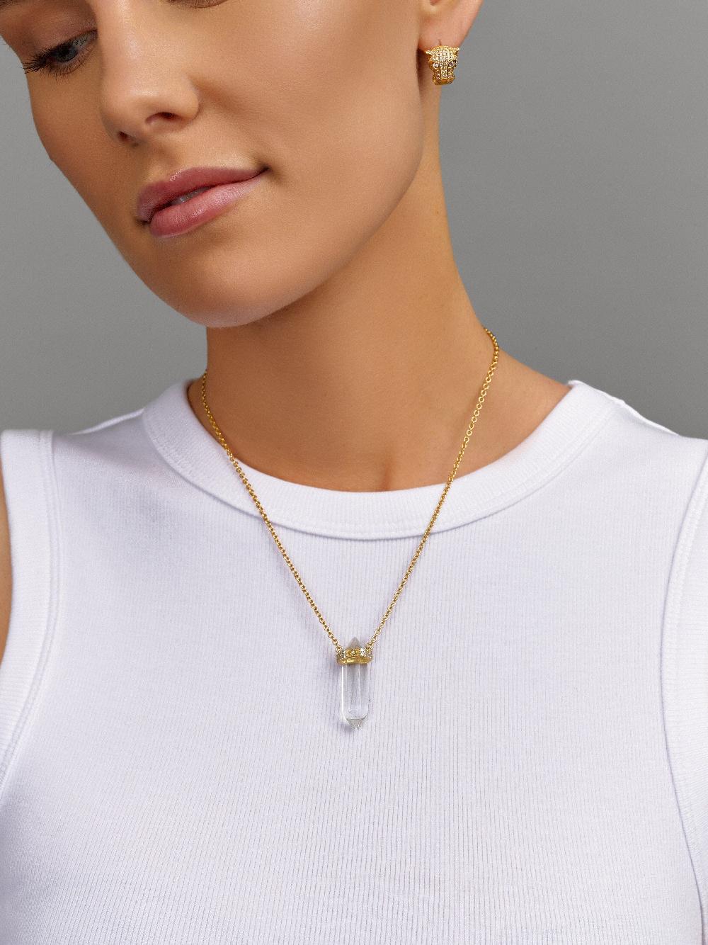 Nialaya Sterling Silver Clear Quartz Crystal Necklace With Engraved Evil Eye Detail