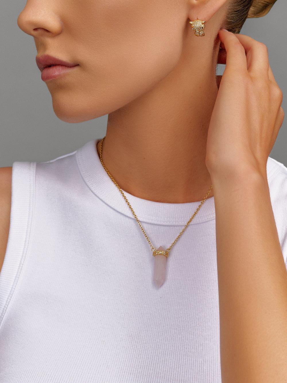 Nialaya Sterling Silver Rose Quartz Crystal Necklace With Engraved Evil Eye Detail