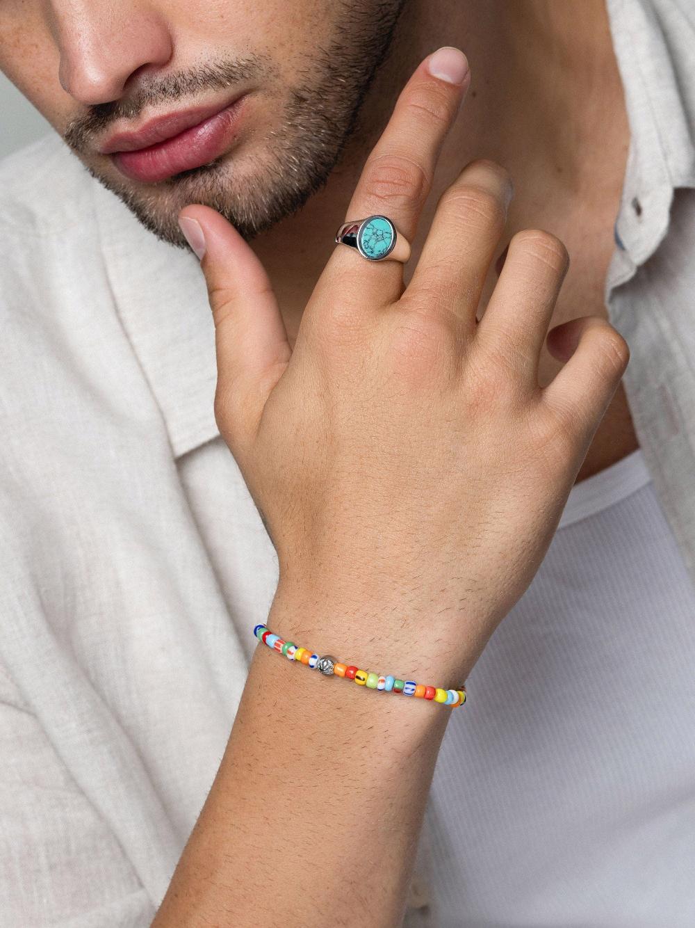 Nialaya Wristband With Assorted Vintage Trifocal Beads And Silver