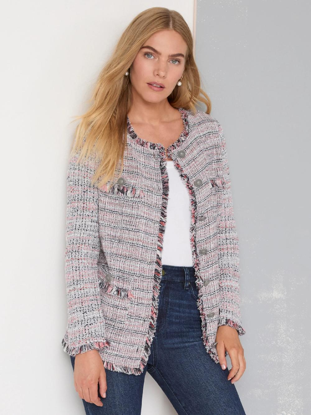 Nic Zoe Femme Plaid Fringe Mix Knit Jacket