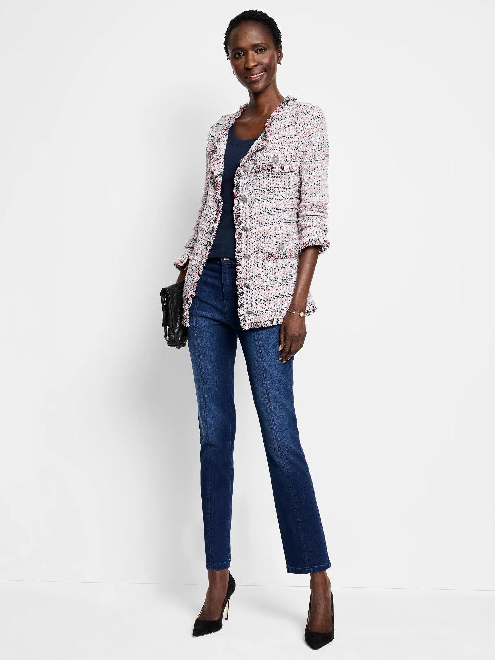 Nic Zoe Femme Plaid Fringe Mix Knit Jacket