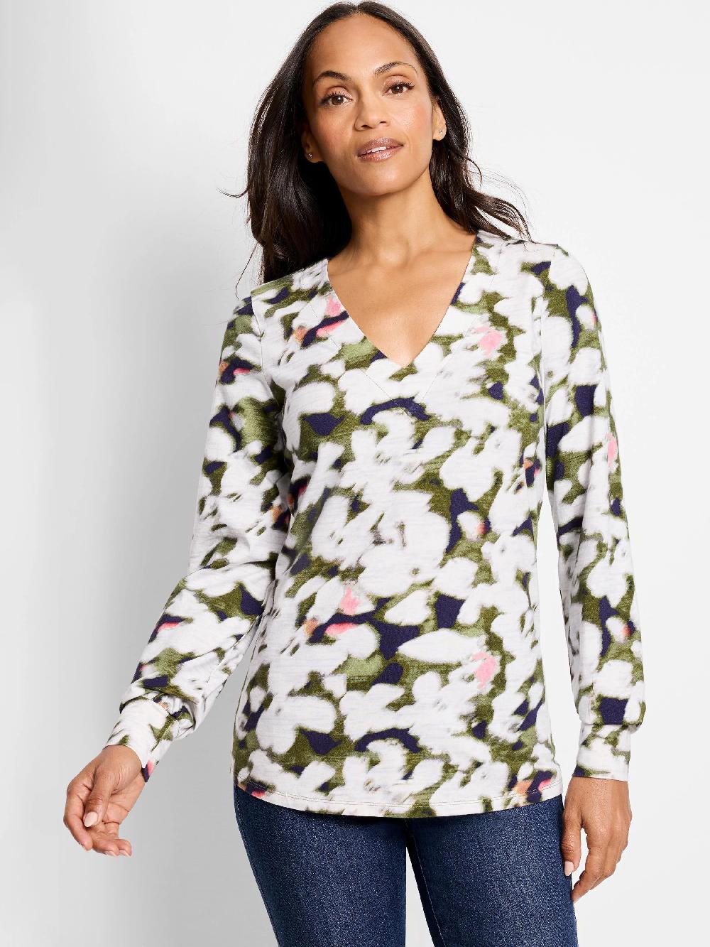 nic zoe NZT Blurred Petals Long Sleeve Top