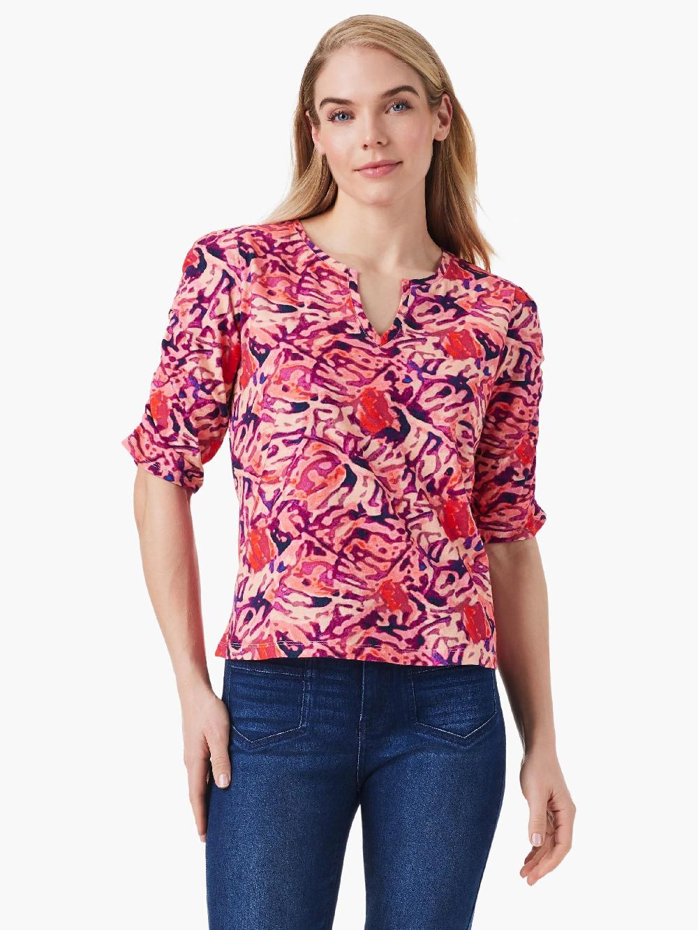 Nic Zoe NZT Floral Ruched Elbow Sleeve Split Top