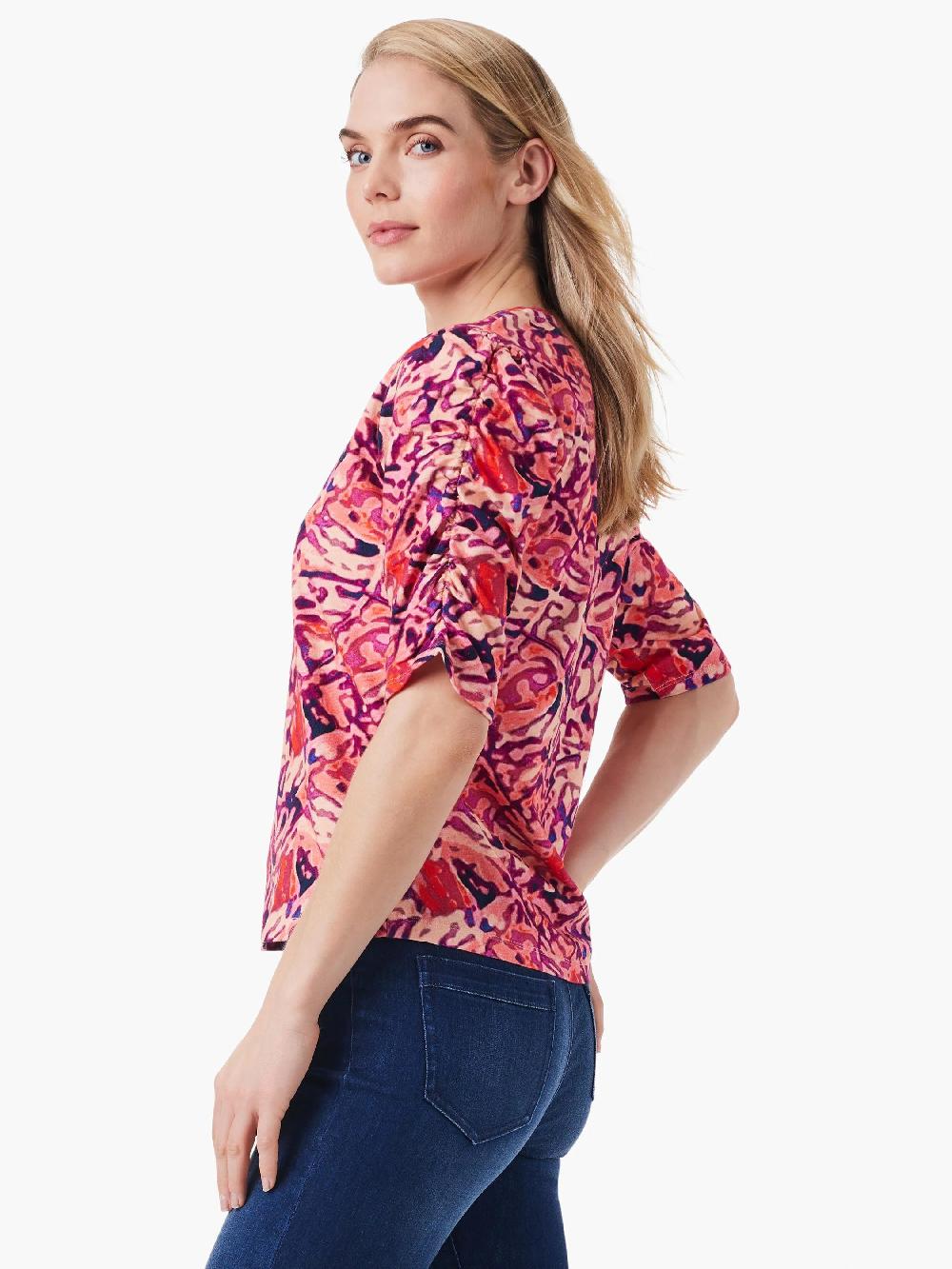 Nic Zoe NZT Floral Ruched Elbow Sleeve Split Top