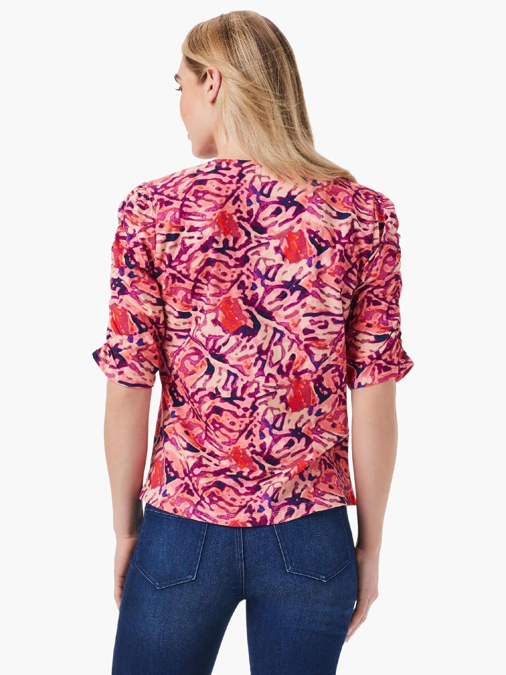 Nic Zoe NZT Floral Ruched Elbow Sleeve Split Top