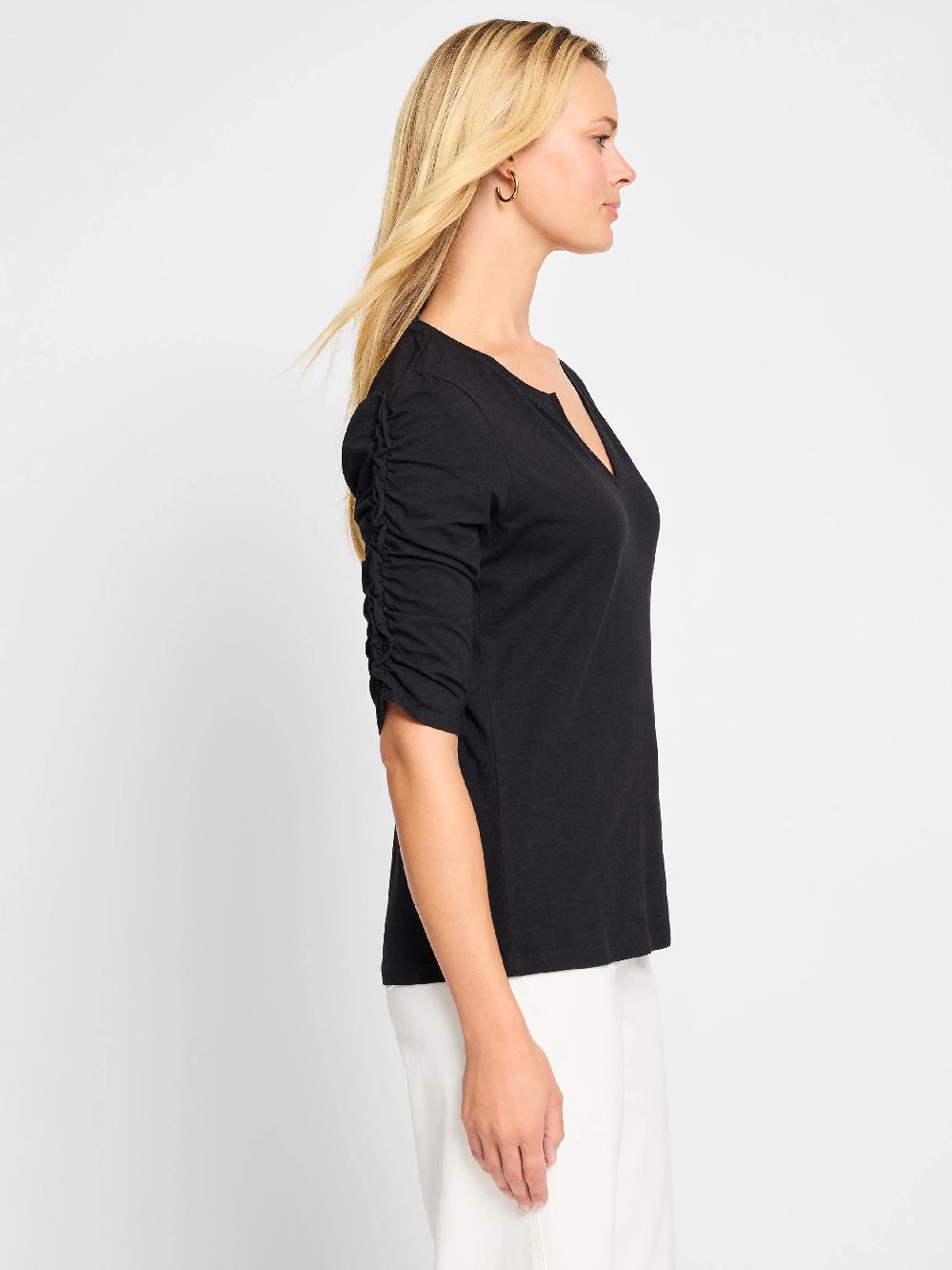Nic Zoe NZT Ruched Elbow Sleeve Split Neck Tee