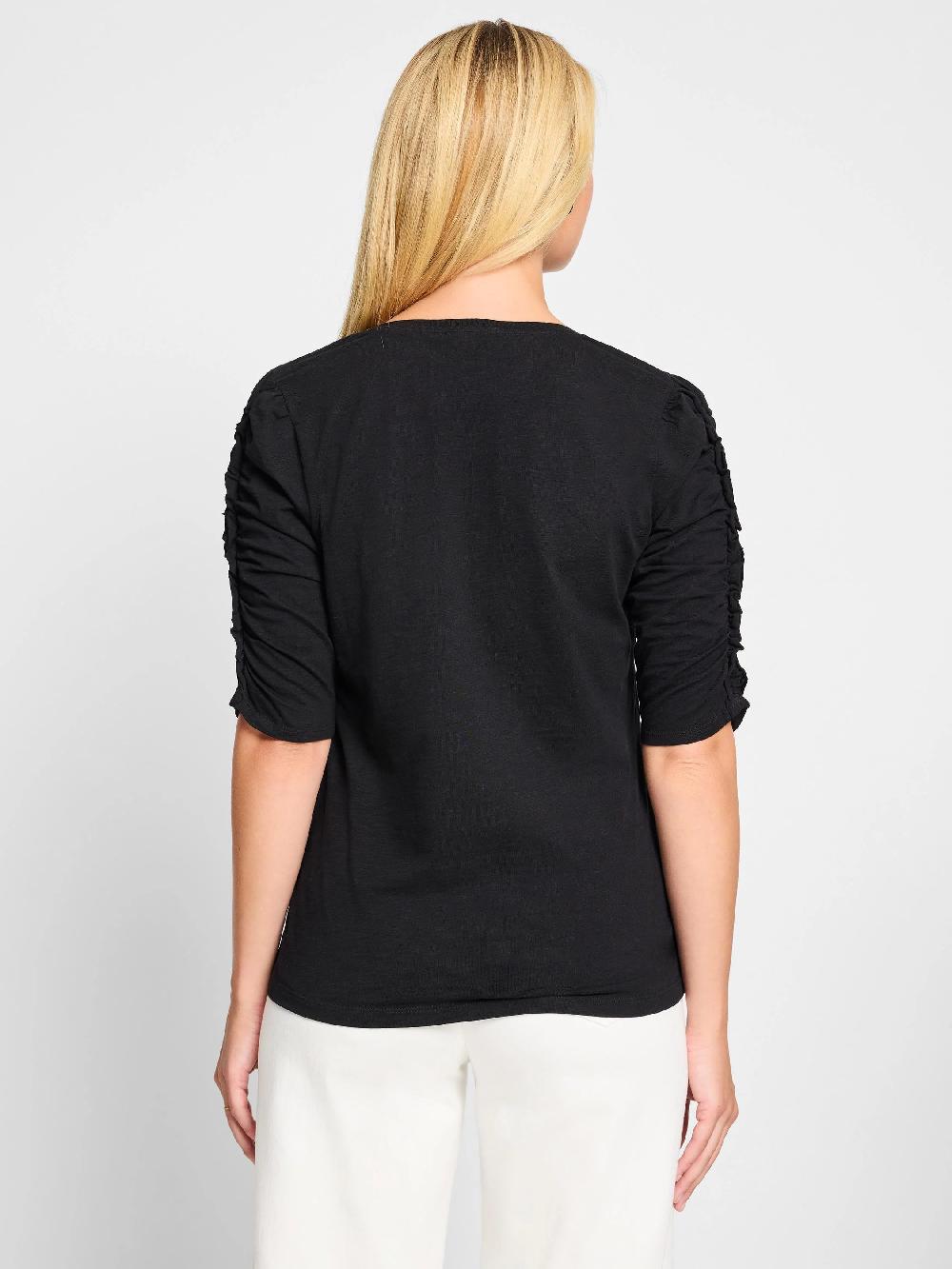 Nic Zoe NZT Ruched Elbow Sleeve Split Neck Tee
