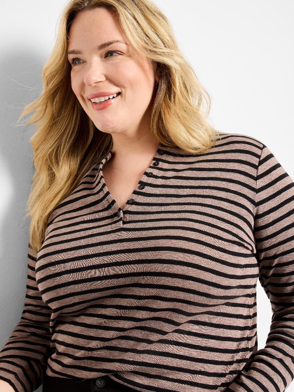 Nic Zoe NZT Striped Long Sleeve Henley Tee