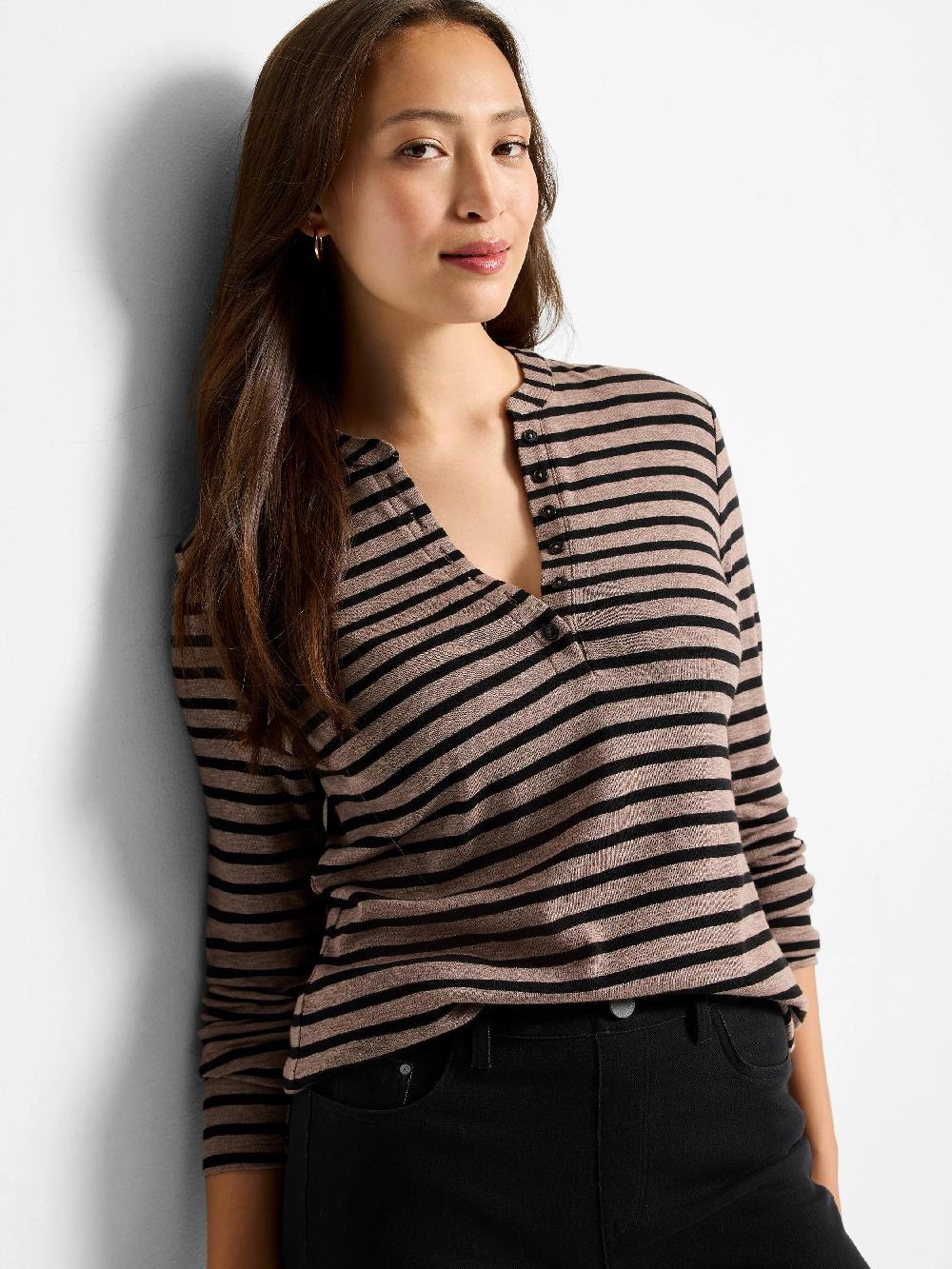 nic zoe NZT Striped Long Sleeve Henley Tee