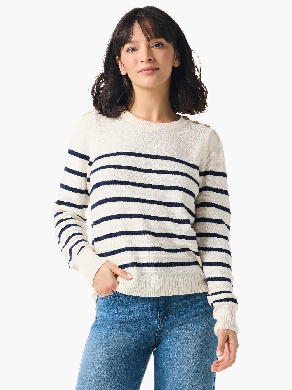 Nic Zoe Stripe Button Shoulder Cashmere Sweater