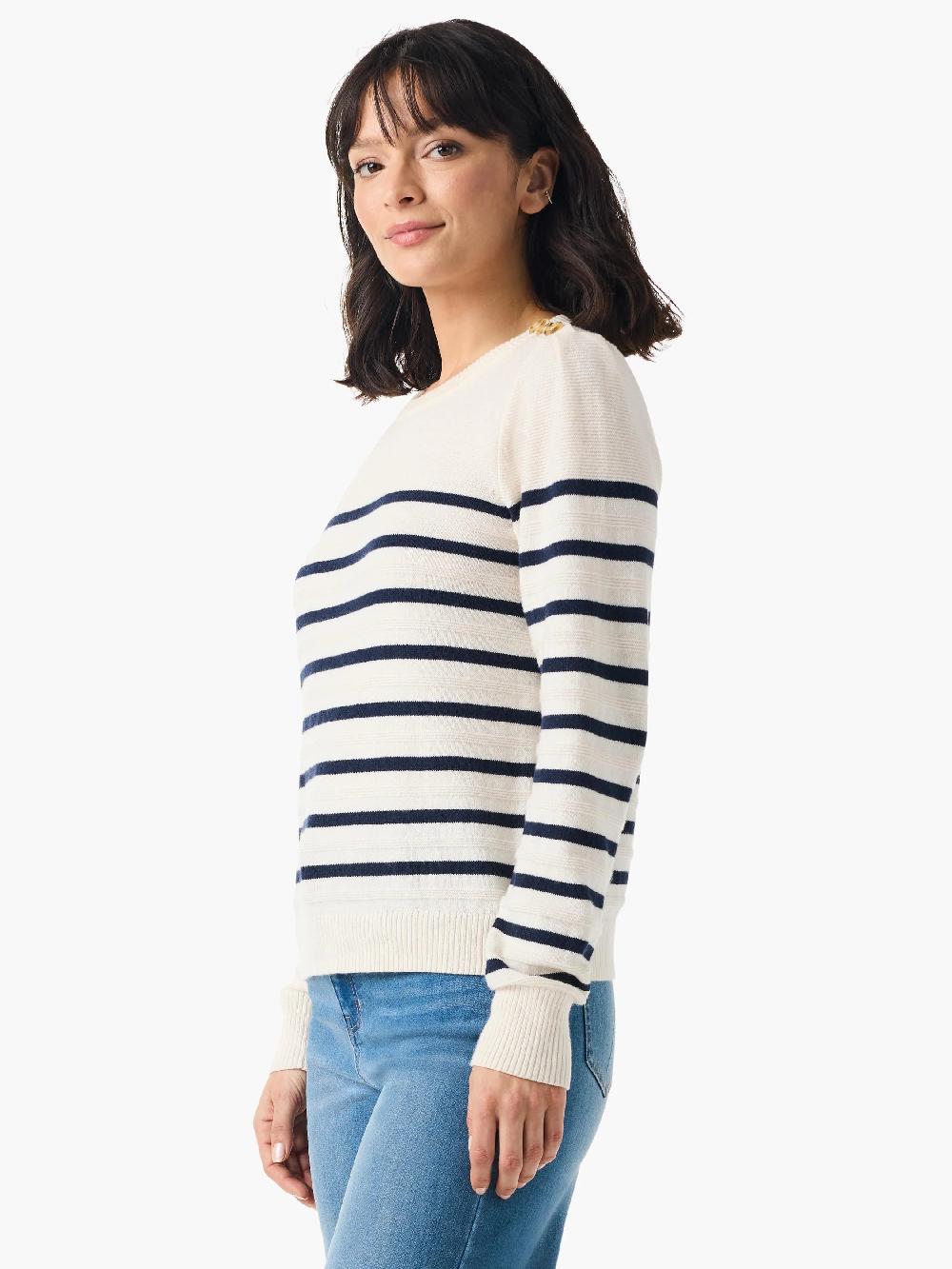 Nic Zoe Stripe Button Shoulder Cashmere Sweater