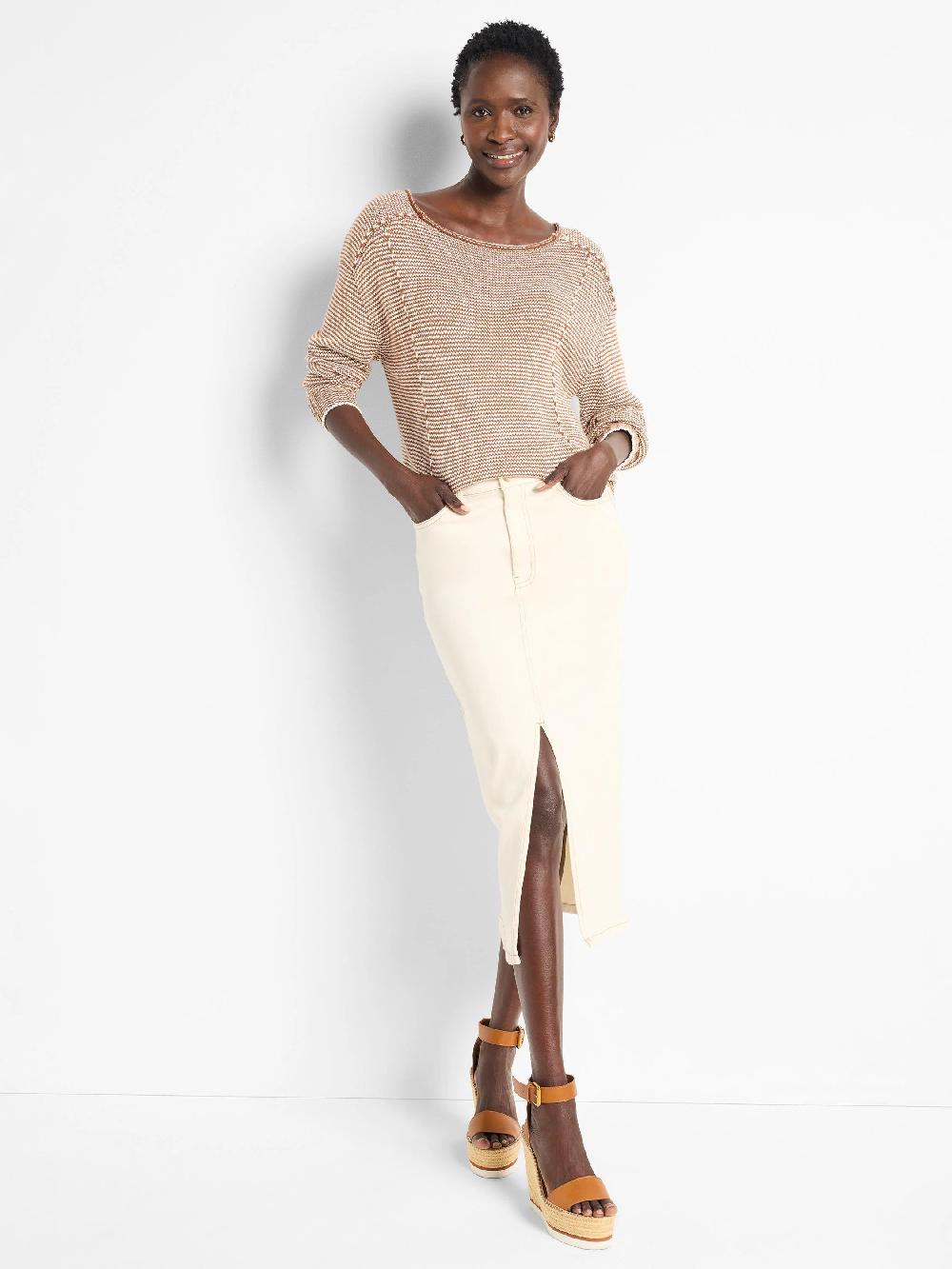 Nic Zoe Striped Seamed Cotton Cord Sweater