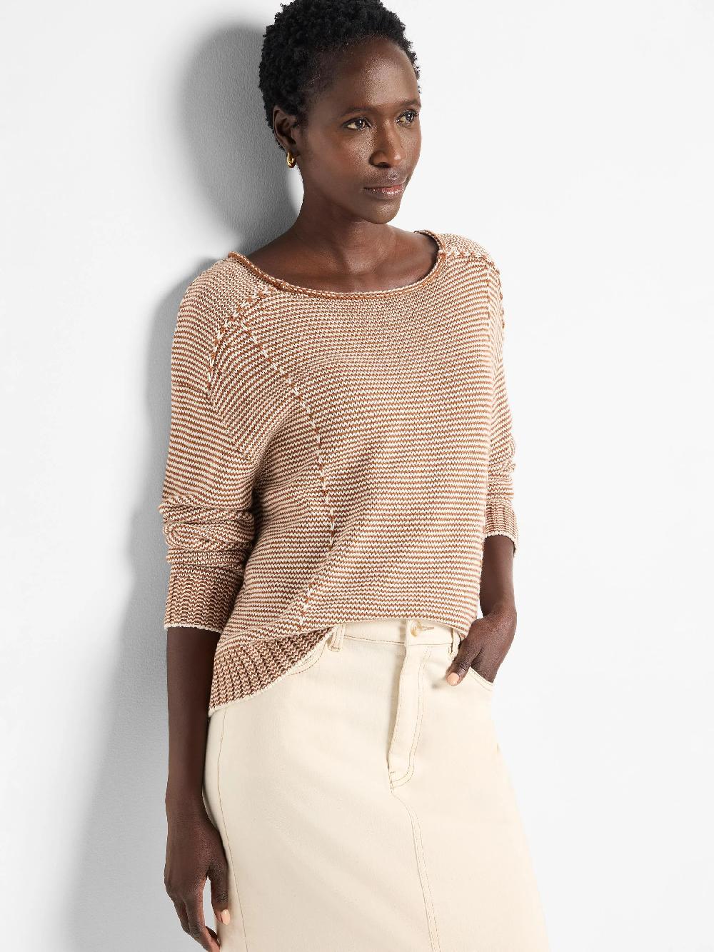 nic zoe Striped Seamed Cotton Cord Sweater