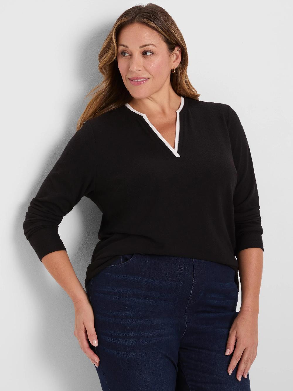 nic zoe NZT Cozy Jersey Double Layer Split Neck Tee