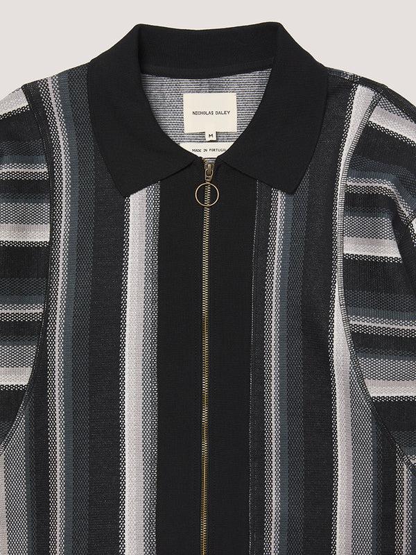 Nicholas Daley L/S STRIPED POLO - BLACK / CHARCOAL / ECRU