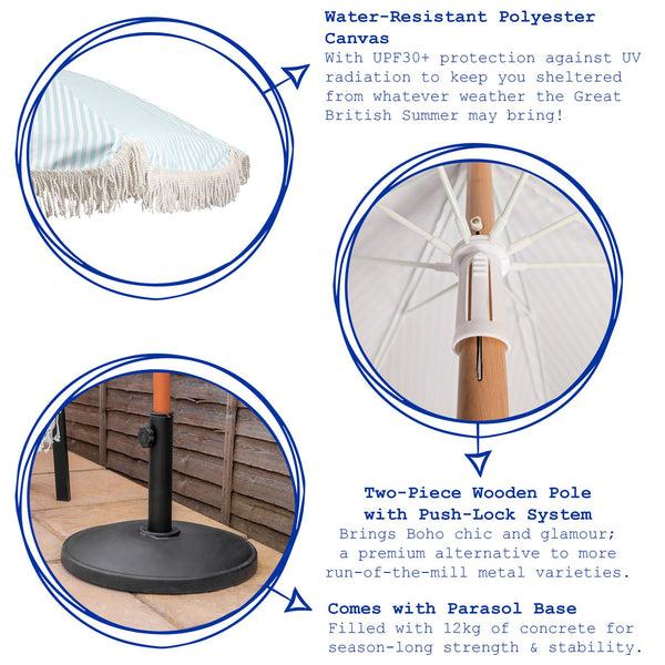 Nicola Spring 1.4M Tassel Fringed Wooden Garden Parasol & Base Set