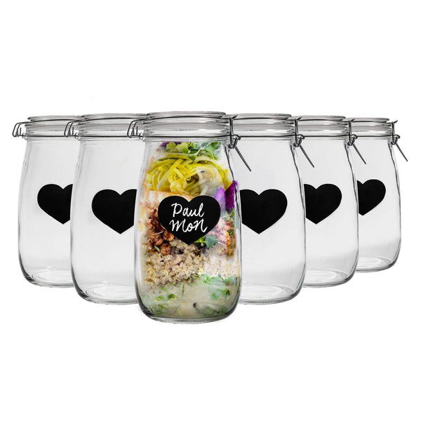 nicola spring 1.5L Air tight Glass Storage Jar with Embossed Heart Detail & Label - Pack of Six
