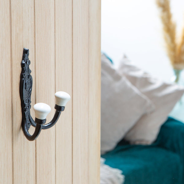 Nicola Spring 100mm X 115mm Black Ornate Double White Ceramic Coat Hook