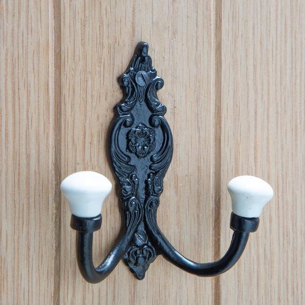 Nicola Spring 100mm X 115mm Black Ornate Double White Ceramic Coat Hook