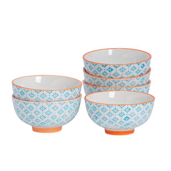 nicola spring 12cm Hand Printed Stoneware Rice Bowls - Pack of Six