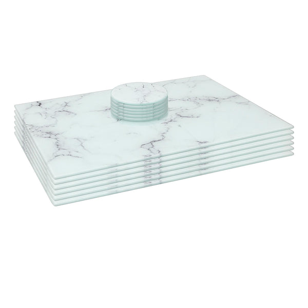 nicola spring 12pc Rectangle Glass Placemats & Round Coasters Set - 40cm x 30cm - Marble