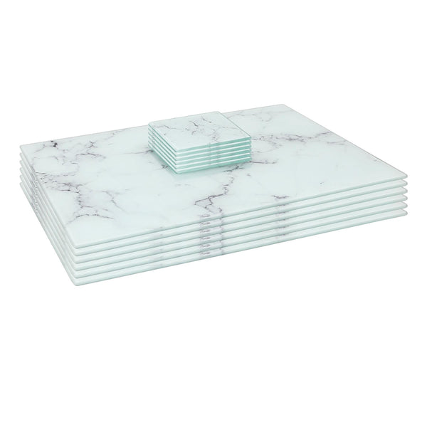 nicola spring 12pc Rectangle Glass Placemats & Square Coasters Set - 40cm x 30cm - Marble