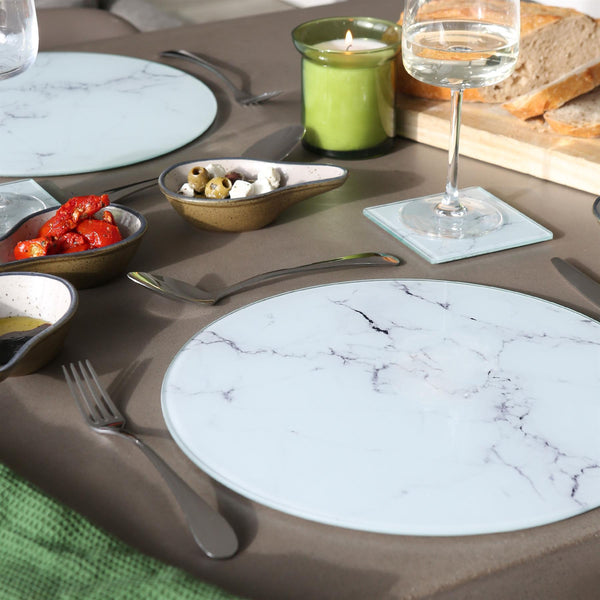 Nicola Spring 12pc Round Glass Placemats & Square Coasters Set - 30cm - Marble