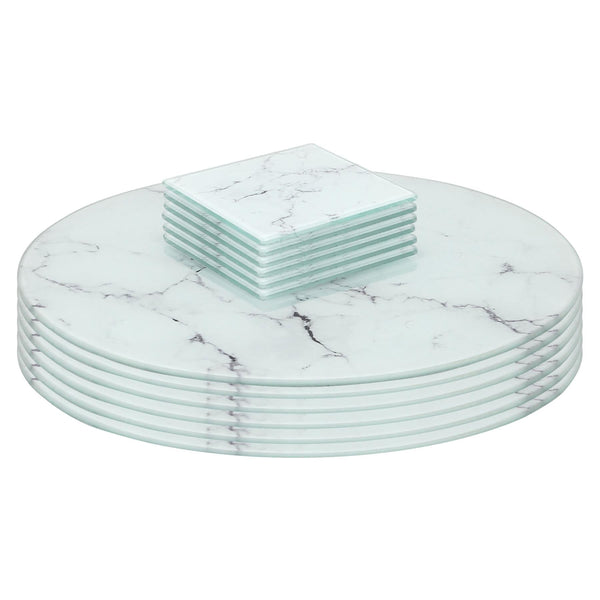 nicola spring 12pc Round Glass Placemats & Square Coasters Set - 30cm - Marble