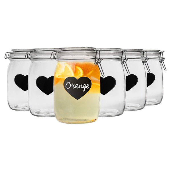 nicola spring 1L Air tight Glass Storage Jar with Embossed Heart Detail & Label - Pack of Six