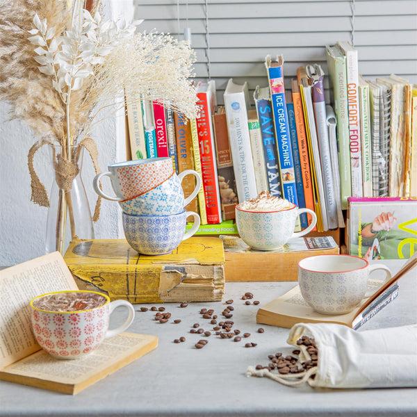 Nicola Spring 250ml Hand-Printed Stoneware Cappuccino Cups - Pack Of 6