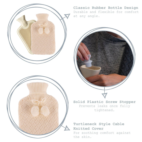 Nicola Spring 2L Pom Pom Knitted Hot Water Bottle & Cover Set