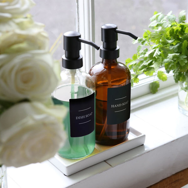 Nicola Spring 2pc 500ml Amber Glass Soap Dispenser With Black Labels & Ceramic Tray