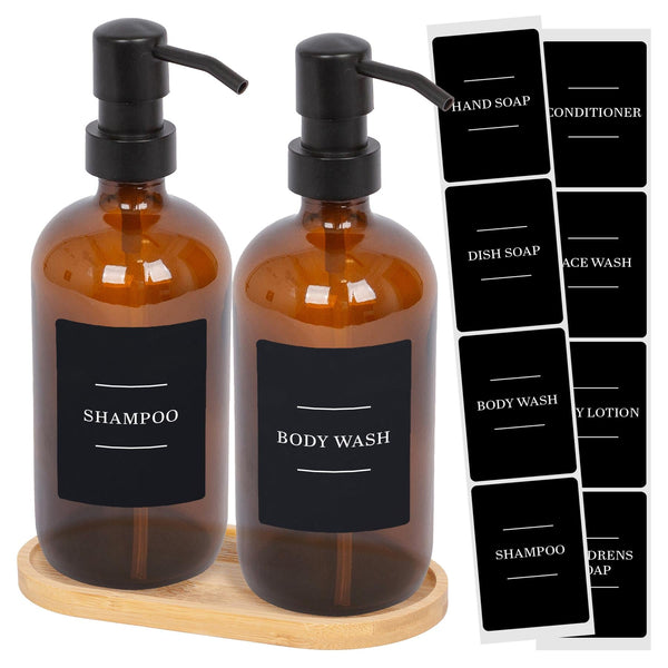 nicola spring 2pc 500ml Amber Glass Soap Dispenser with Black Labels & Bamboo Tray
