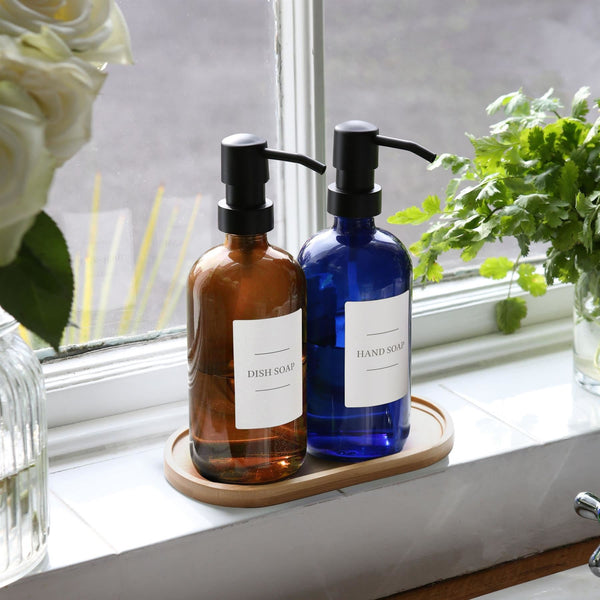 Nicola Spring 2pc 500ml Amber Glass Soap Dispenser With White Labels & Bamboo Tray