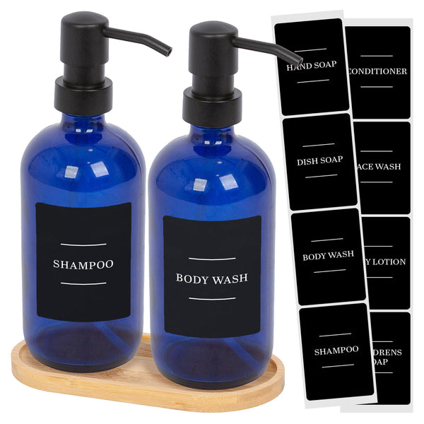 nicola spring 2pc 500ml Blue Glass Soap Dispenser with Black Labels & Bamboo Tray