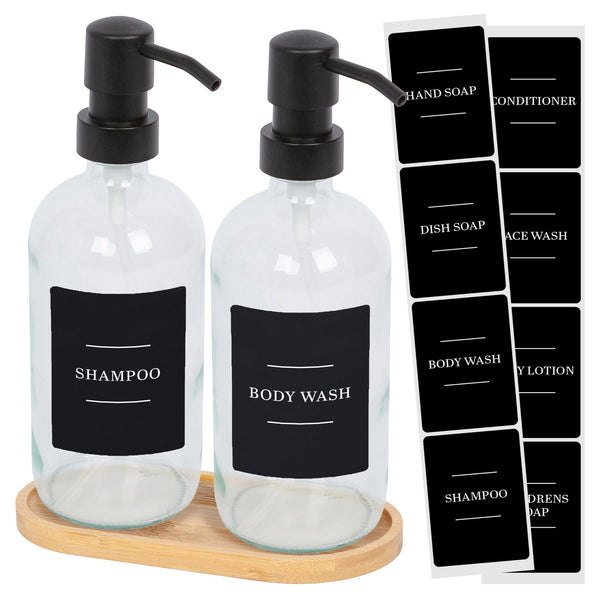 nicola spring 2pc 500ml Glass Soap Dispenser with Black Labels & Bamboo Tray