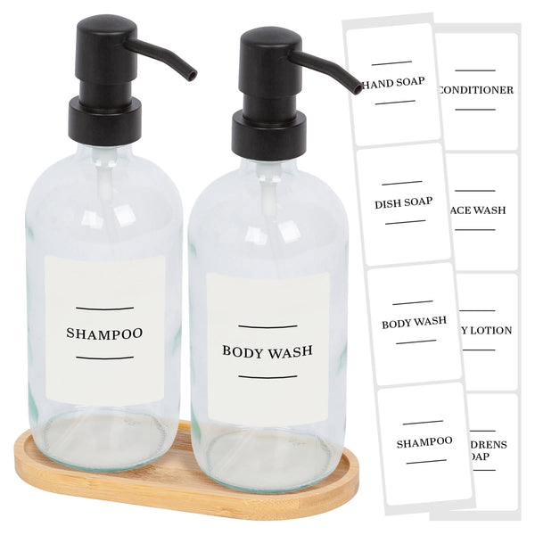 nicola spring 2pc 500ml Glass Soap Dispenser with White Labels & Bamboo Tray