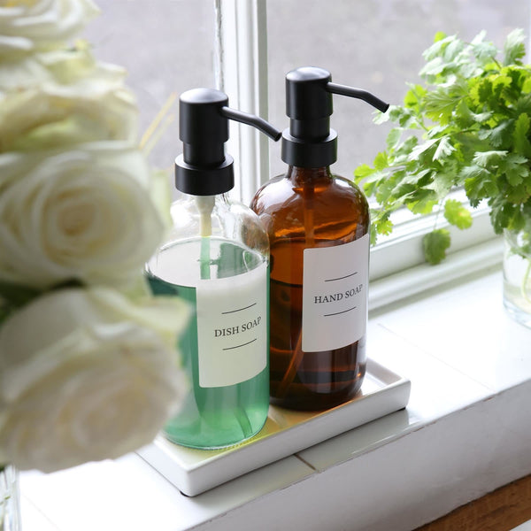 Nicola Spring 2pc 500ml Glass Soap Dispenser With White Labels & Ceramic Tray