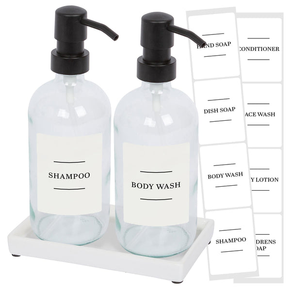 nicola spring 2pc 500ml Glass Soap Dispenser with White Labels & Ceramic Tray