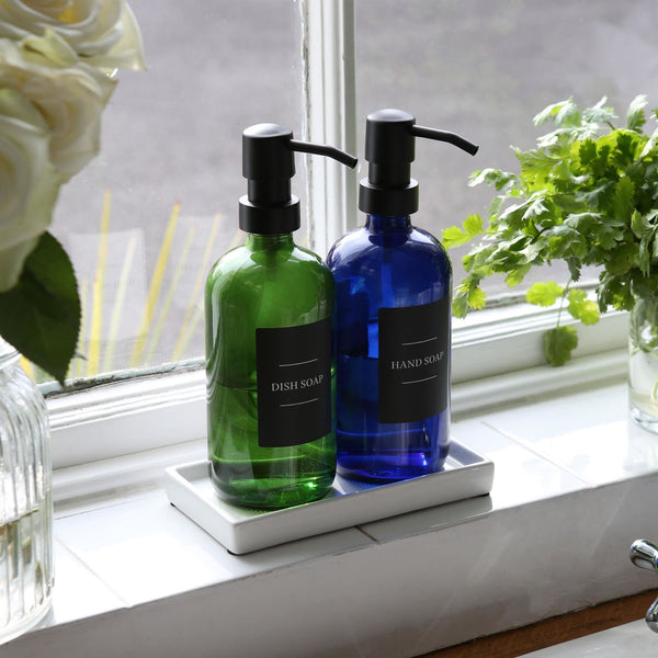 Nicola Spring 2pc 500ml Green Glass Soap Dispenser With Black Labels & Ceramic Tray