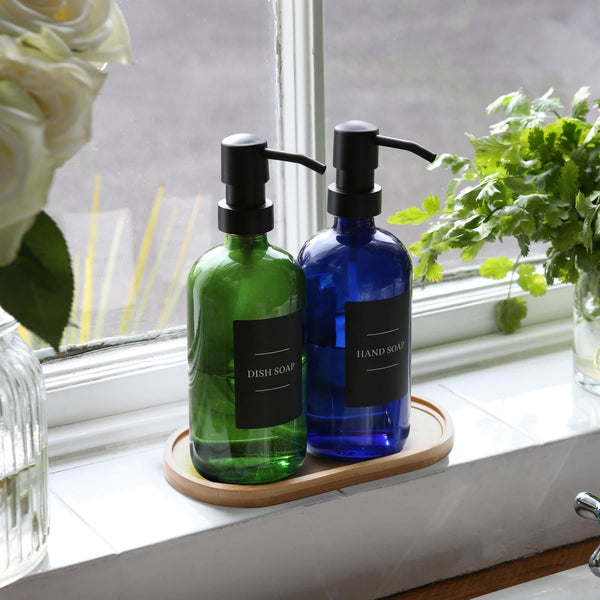 Nicola Spring 2pc 500ml Green Glass Soap Dispenser With Black Labels & Bamboo Tray