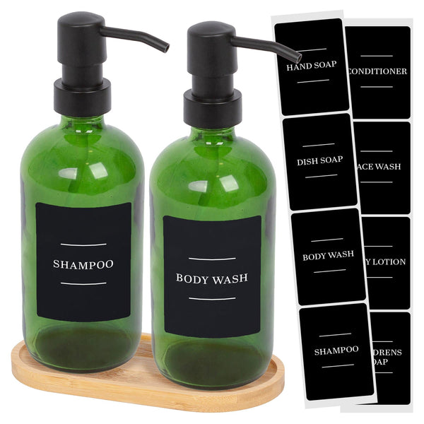 nicola spring 2pc 500ml Green Glass Soap Dispenser with Black Labels & Bamboo Tray