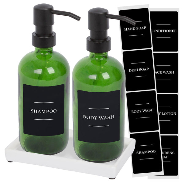 nicola spring 2pc 500ml Green Glass Soap Dispenser with Black Labels & Ceramic Tray